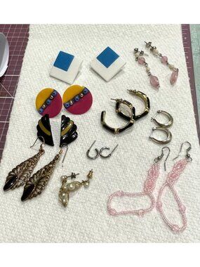 10 Pair Vintage 80s 90s Earring Lot - Retro Enamel, Boho Filigree & Bead Drops